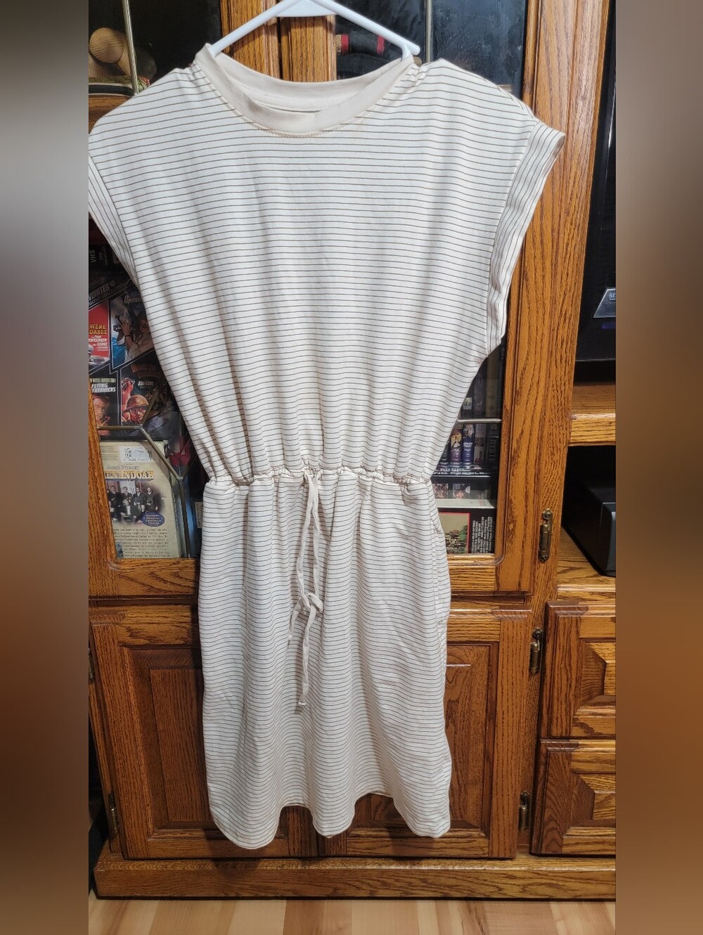 a new day Cream Striped Drawstring Midi Dress with Side Pockets Size XSmall